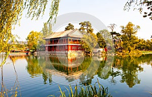 Chengde imperial summer resort scene-Misty Rain Floor under the setting sun photo